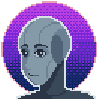 A pixelated image of a gray robotic head centered in front of a circle with a pink to dark blue gradient.