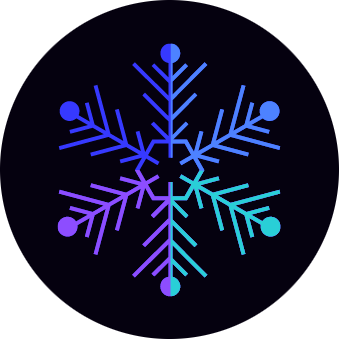 A blue, purple, and green snowflake on a circular dark indigo background.