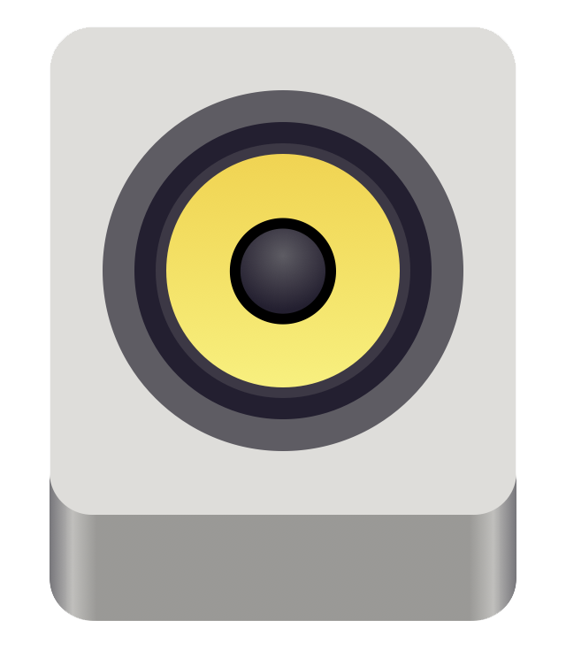 A grey and yellow speaker that is the logo for the Rhythmbox program.